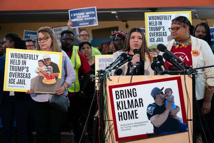 FILE - Jennifer Vasquez Sura, the wife of Kilmar Abrego Garcia of Maryland, who was mistakenly deported to El Salvador, speaks during a news conference at CASA's Multicultural Center in Hyattsville, Md., April 4, 2025. (AP Photo/Jose Luis Magana, file)