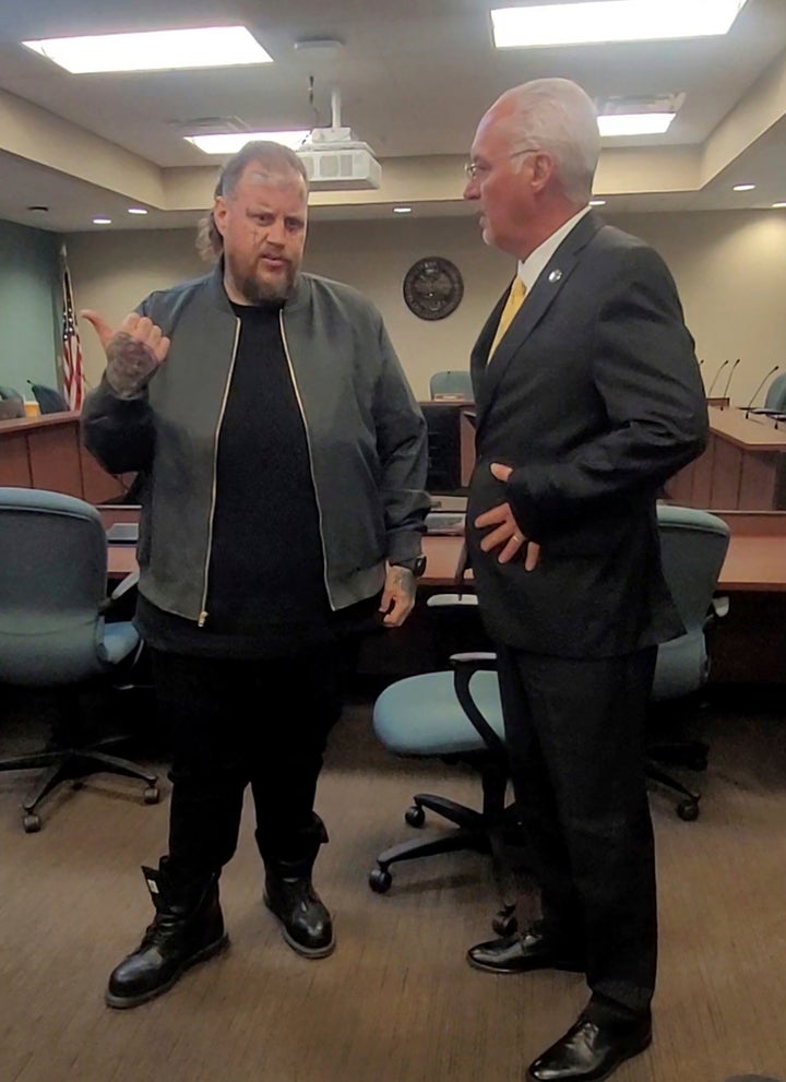 Jelly Roll meets with Nashville Sheriff Daron Hall during the singer's Tennessee Board of Parole hearing on April 22, 2025.