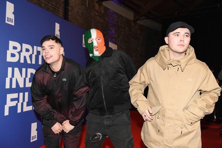 Naoise ó Cairealláin, DJ Provaí and Mo Chara of Kneecap pose at the Britain Independent Film Awards on Dec. 8, 2024, in London.