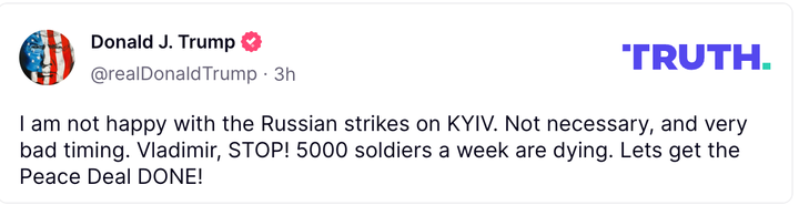 Donald Trump Truth Social post to Vladimir Putin: https://truthsocial.com/@realDonaldTrump/posts/114392923237368367