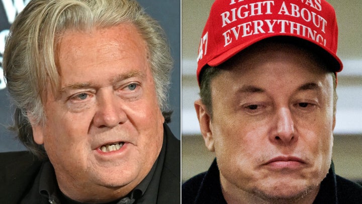 Steven Bannon, left, called out Elon Musk, right, for only working for his "own interest" during a Wednesday interview.