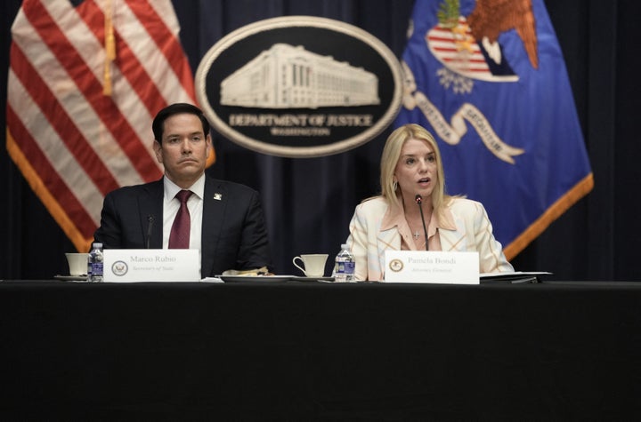 Attorney General Pam Bondi and Secretary of State Marco Rubio photographed during a meeting for the Trump administration's task force for eradicating "anti-Christian bias" in Washington, D.C., on Tuesday.