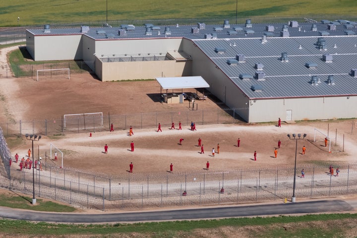 A drone view of detainees at the the Bluebonnet Detention Facility, the facility where Venezuelans at the center of a U.S. Supreme Court ruling are held, in Anson, Texas, on April 22, 2025.