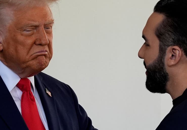 President Donald Trump greets El Salvador's President Nayib Bukele as he arrives at the West Wing of the White House in Washington, D.C., on April 13.