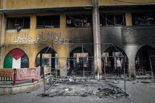 パレスチナ自治区ガザで、避難所として使用されていたヤーファ学校。2025年4月23日、イスラエルの攻撃を受け、子どもを含む少なくとも10人が死亡したと報じられている。