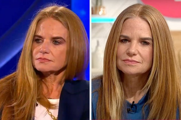 Patsy Palmer after being asked about Mickey Rourke on Celebrity Big Brother: Late & Live (left) and Lorraine (right)