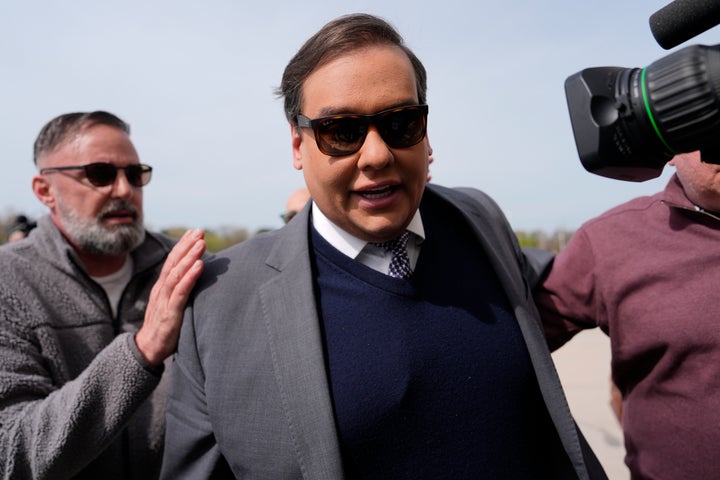 Former U.S. Rep. George Santos arrives at federal court for sentencing, Friday, April 25, 2025, in Central Islip, N.Y. (AP Photo/Julia Demaree Nikhinson)