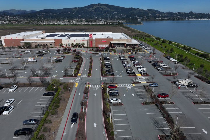 An aerial view of the parking lot at a Target store on Feb. 28, 2025 in San Rafael, California, the day of the one-day "economic boycott."
