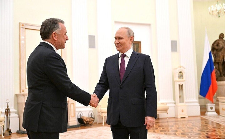 MOSCOW, RUSSIA - APRIL 25: Special Envoy of the US President Steven Witkoff (L), and Russian President Vladimir Putin (R) accompanied by the Presidential Aide Yuri Ushakov and CEO of the Russian Direct Investment Fund, Special Representative of the President for Investment and Economic Cooperation with Foreign Countries Kirill Dmitriev meet during the negotiations in Moscow, Russia on April 25, 2025. (Photo by Kremlin Press Office / Handout/Anadolu via Getty Images)