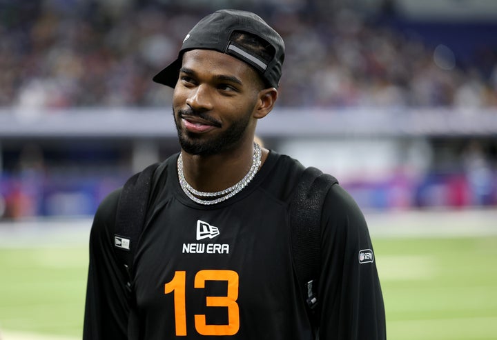 INDIANAPOLIS, INDIANA - MARCH 01: Shedeur Sanders #QB13 of Colorado looks on during the NFL Scouting Combine at Lucas Oil Stadium on March 01, 2025 in Indianapolis, Indiana. (Photo by Stacy Revere/Getty Images)