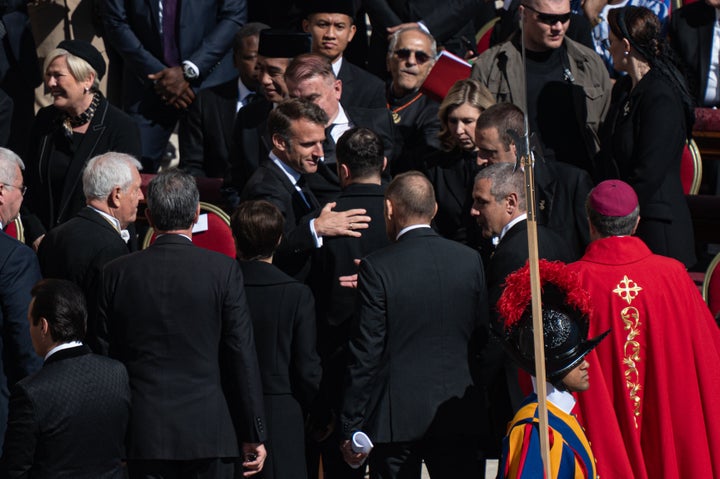 In the photo, Macron hugs Volodymyr Zelenskyy on the steps of St. Peter's Basilica for the funeral of Pope Francis in Vatican City, on April 26, 2025. (Photo by Roberto Silvino/NurPhoto via Getty Images)