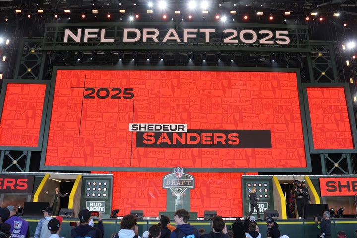 GREEN BAY, WISCONSIN - APRIL 26: A screen shows Colorado quarterback Shedeur Sanders' name after being selected by the Cleveland Browns with the 144th overall pick during the fifth round of the 2025 NFL Draft on April 26, 2025 in Green Bay, Wisconsin. (Photo by Perry Knotts/Getty Images)