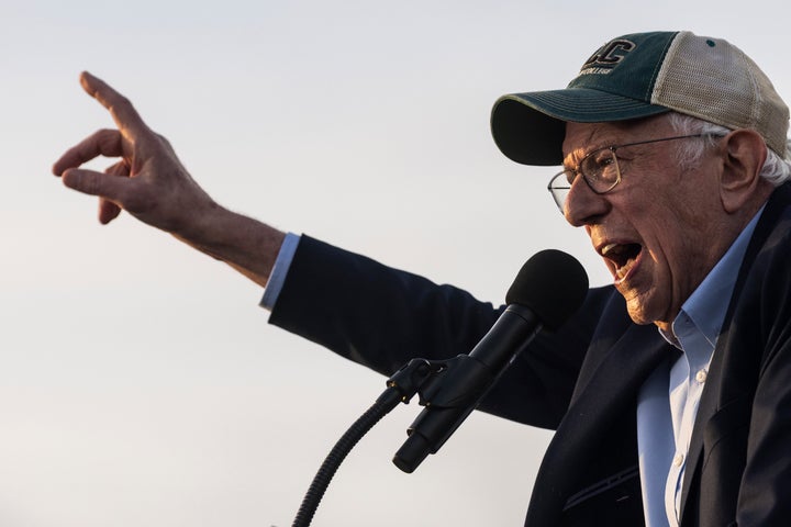 Sen. Bernie Sanders speaks in Folsom, California, on April 15. He claimed Americans were living in an "oligarchy on steroids" and questioned the impact of a two-party system during "Meet the Press" on Sunday.