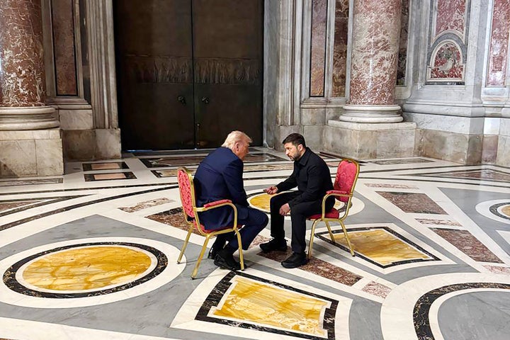 In this handout photo released via the official social media channels of the Office of the President of Ukraine, Ukraine's President Volodymyr Zelensky (R) meets with U.S. President Donald Trump (L) during Pope Francis's funeral at St. Peter's Basilica at the Vatican, on April 26, 2025 in Vatican City, Vatican.