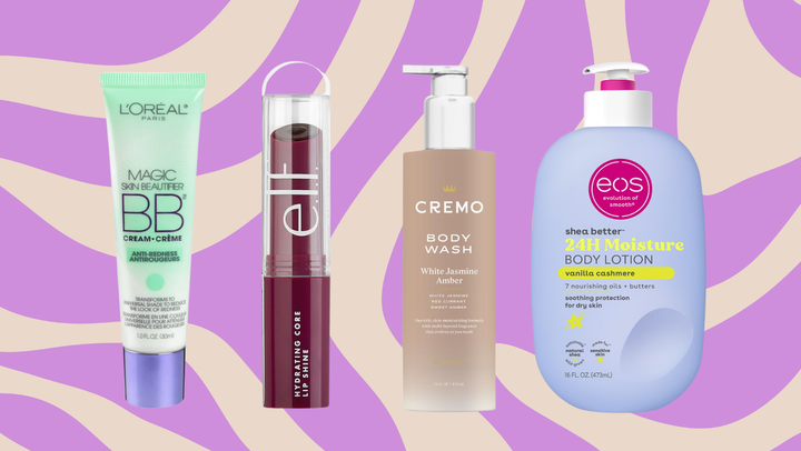 A L'Oreal BB cream, an E.l.f. lip balm, a Cremo body wash and an Eos body cream.