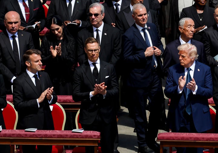 French President Emmanuel Macron, from left, Finnish President Alexander Stubb and U.S. President Donald Trump attend the funeral service for Pope Francis in St. Peter's Square on Saturday.
