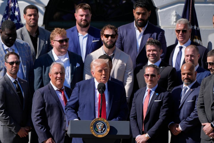 President Donald Trump speaks as he welcomes the Super Bowl champion Philadelphia Eagles NFL football team to the South Lawn of the White House, Monday, April 28, 2025, in Washington.