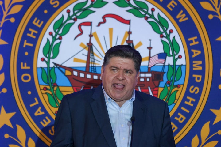 Pritzker asks 1 The governor of Illinois, JB Pritzker, speaks in Manchester, New Hampshire, on Sunday.