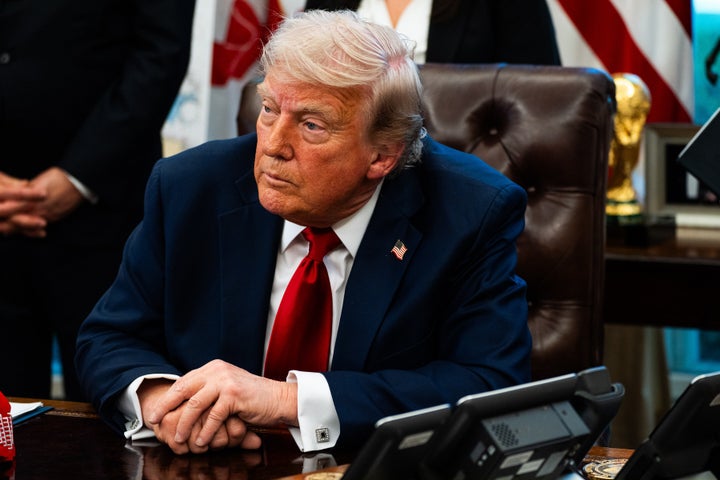 President Donald Trump answers questions during the Executive Order signing in the Oval Office of the White House on Wednesday, April 23, 2025. Labor Secretary Lori Chavez-DeRemer, Education Secretary Linda McMahon, and Secretary of Commerce Howard Lutnick also attended.