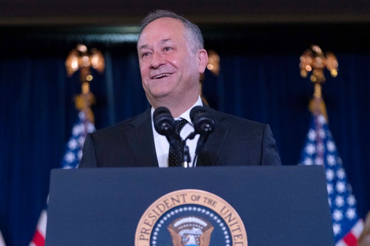 FILE - Second gentleman Doug Emhoff speaks at the Democratic National Committee's holiday reception at the Willard Hotel in Washington, Dec. 15, 2024. (AP Photo/Jose Luis Magana, File)