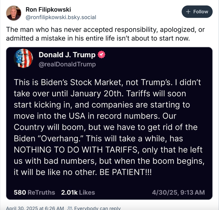 Social Media Isn’t Shopping for Trump’s Excuse For Dangerous Economic system Stats 1 BlueSky post: https://bsky.app/profile/ronfilipkowski.bsky.social/post/3lnzvjersf22g