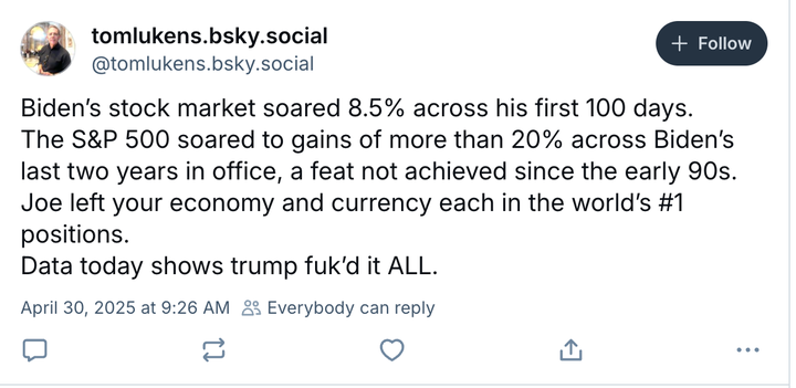 Social Media Isn’t Shopping for Trump’s Excuse For Dangerous Economic system Stats 2 BlueSky post: https://bsky.app/profile/tomlukens.bsky.social/post/3lo27l5ci3c2u