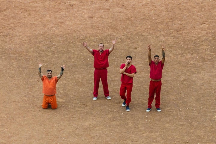 A drone view of detainees waving in the courtyard at the Bluebonnet Detention Facility, where Venezuelans at the center of a U.S. Supreme Court ruling are held, in Anson, Texas, on April 28, 2025.