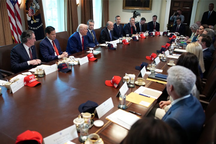 President Donald Trump speaks with his Cabinet after reports that the U.S. economy contracted 0.3% in the first quarter of 2025, fueled by a massive surge in imports ahead of the administration's expected tariffs.