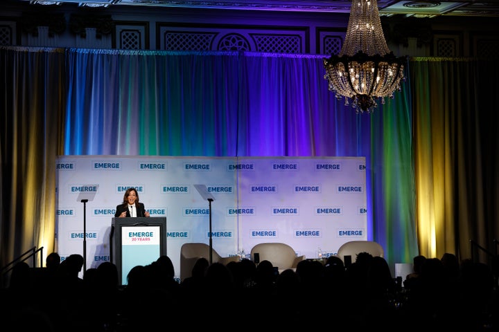 SAN FRANCISCO, CALIFORNIA - APRIL 30: Former U.S. Vice President Kamala Harris delivers a keynote address during the Emerge 20th Anniversary Gala at the Palace Hotel on April 30, 2025 in San Francisco, California. Kamala Harris delivered her first public speech since leaving office in January. (Photo by Justin Sullivan/Getty Images)