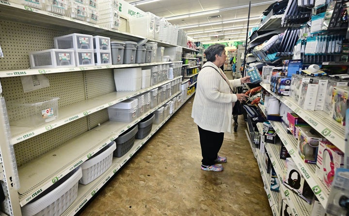 Above, empty shelves are seen as a woman shops for items at a Dollar Tree store on April 28, 2025, in Alhambra, California. Could this become the new norm?