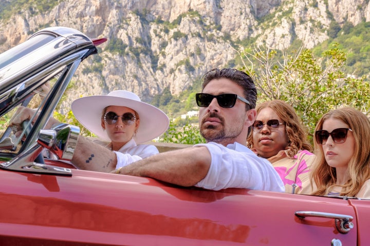 From Left: Emily (Blake Lively), Dante (Michele Morrone), Vicky (Alex Newell), and Stephanie (Anna Kendrick) in "Another Simple Favor."