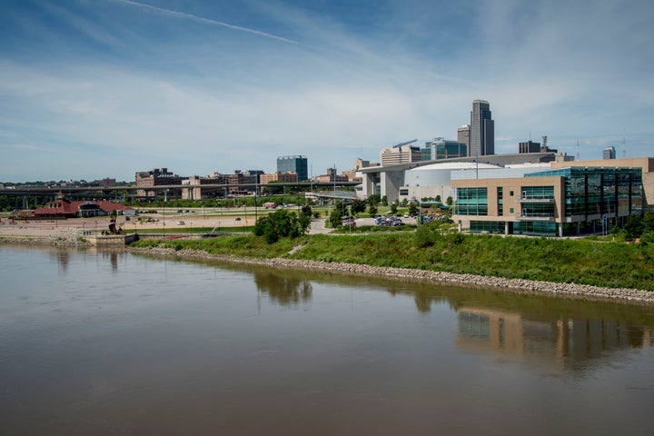 The skyline of Omaha, Nebraska, is pictured behind the Missouri river.