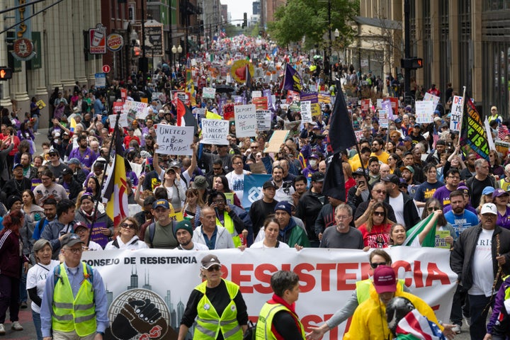 Demonstrators march into downtown Chicago on May Day.