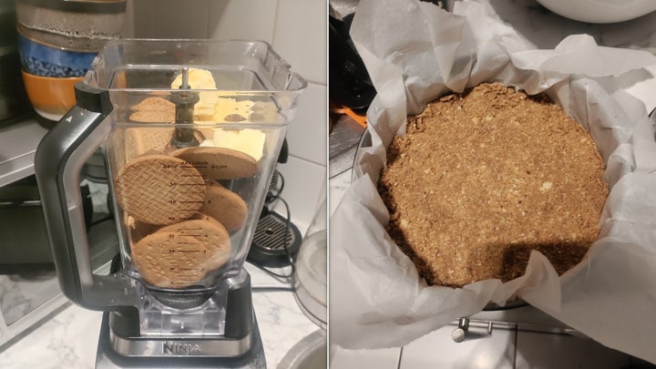 Butter, biscuits and Nutella in a blender on the left: the biscuit base on the right