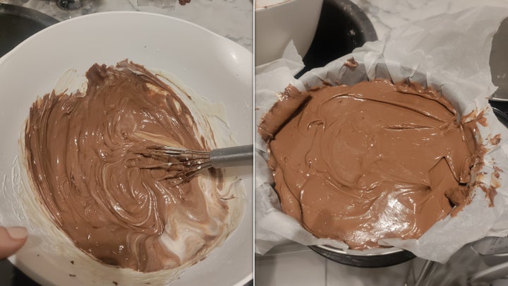 Mixing Nutella topping on the left; placed opn top of the cheesecake base on the right
