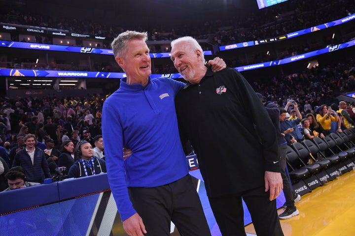 ead Coach Steve Kerr of the Golden State Warriors talks to Head Coach Gregg Popovich of the San Antonio Spurs after the game on March 20, 2022 at Chase Center in San Francisco, California. (Photo by Noah Graham/NBAE via Getty Images)