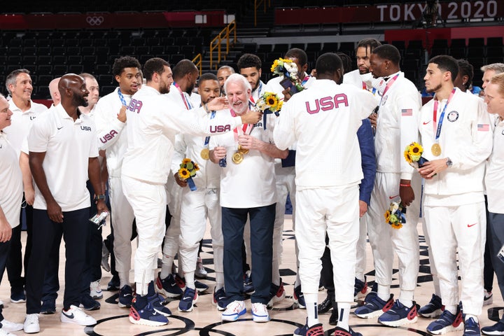 Head Coach Gregg Popovich of the USA Men's National Team smiles during the Medal Ceremony of the 2020 Tokyo Olympics at the Saitama Super Arena on August 7, 2021 in Tokyo, Japan. (Photo by Ned Dishman/NBAE via Getty Images)