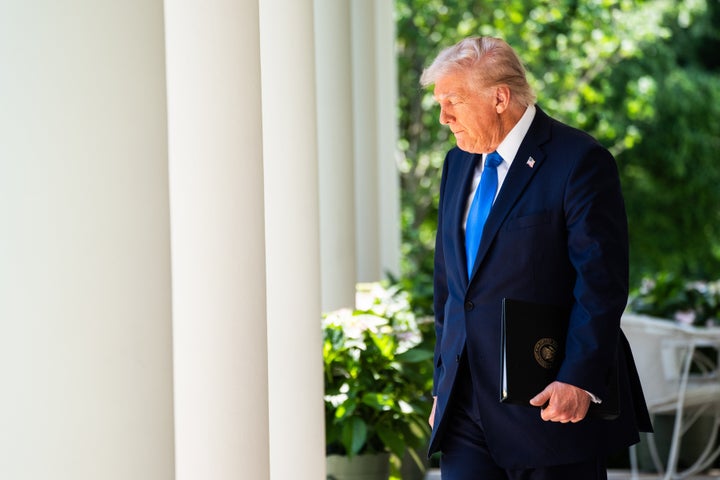 WASHINGTON, DC May 1, 2025:US President Donald Trump exits the Oval Office for an event for National Day of Prayer in the Rose Garden of the White House on Thursday May 1, 2025.(Photo by Demetrius Freeman/The Washington Post via Getty Images)