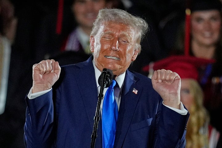 President Donald Trump talks about transgender weightlifters as he gives a commencement address at the University of Alabama, Thursday, May 1, 2025, in Tuscaloosa, Alabama.