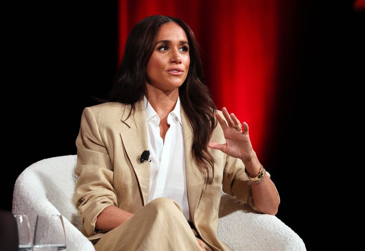 Meghan, Duchess of Sussex, photographed speaking onstage during the 2025 TIME100 Summit on April 23 in New York City.