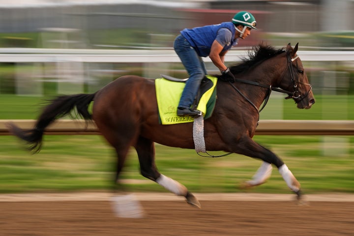 Kentucky Derby entrant Sovereignty works out at Churchill Downs Thursday, May 1, 2025, in Louisville, Ky. (AP Photo/Charlie Riedel)