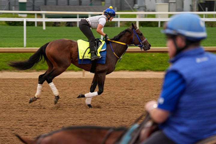 Kentucky Derby entrant Neoequos works out at Churchill Downs Wednesday, April 30, 2025, in Louisville, Ky. (AP Photo/Charlie Riedel)