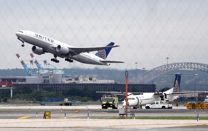 In this July 25, 2013, file photo, a United Airlines plane takes off from Newark Liberty International Airport, in Newark, N.J. (AP Photo/Julio Cortez, File)
