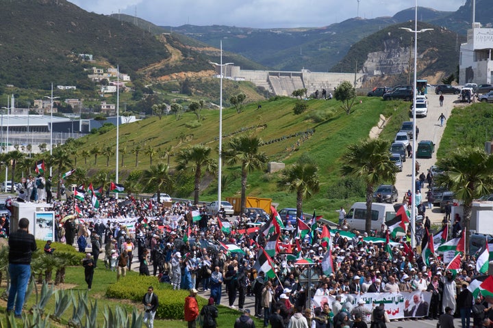 Moroccans outside the Tangier Med Port protest the docking of a Maersk cargo ship carrying airplane parts suspected to be headed to Israel, on Sunday, April 20, 2025.