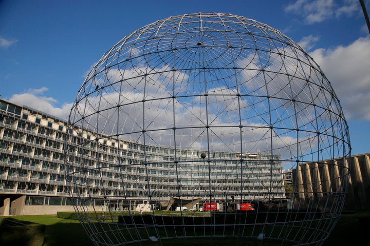 The main building of the UNESCO headquarters is seen through the Globe in Paris, on Oct. 13, 2017.