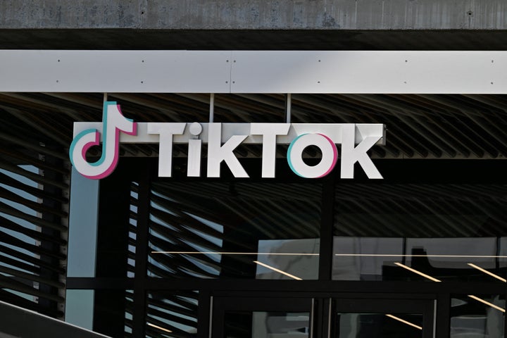 The TikTok logo is seen outside the video app's Los Angeles offices on April 4, 2025 in Culver City, California.