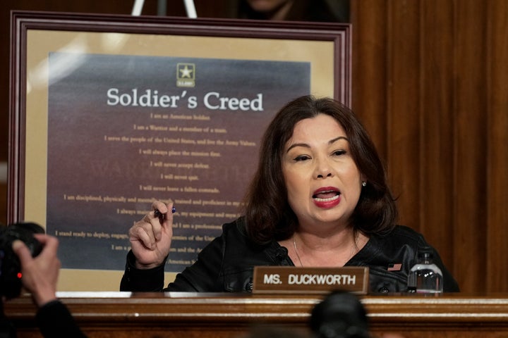 Sen. Tammy Duckworth (D-Ill.) speaks during the Senate Armed Services Committee's confirmation hearing for Trump nominee Pete Hegseth as secretary of defense, on Jan. 14, 2025.