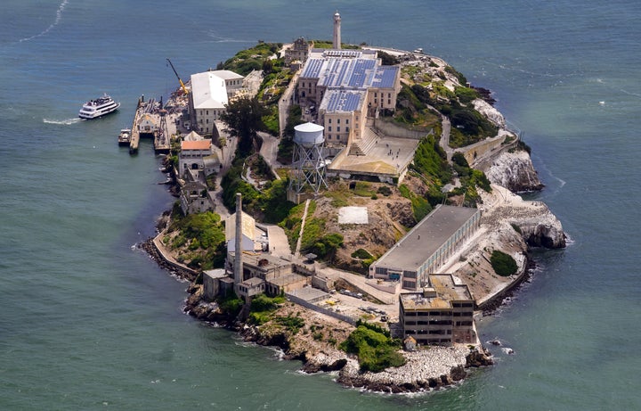 An aerial view shows Alcatraz island in San Francisco, California on May 16, 2024. Alcatraz Island is 1.25 miles (2.01 km) offshore from San Francisco and initially was a federal prison before being converted into a tourist attraction.(Photo by JOSH EDELSON/AFP via Getty Images)