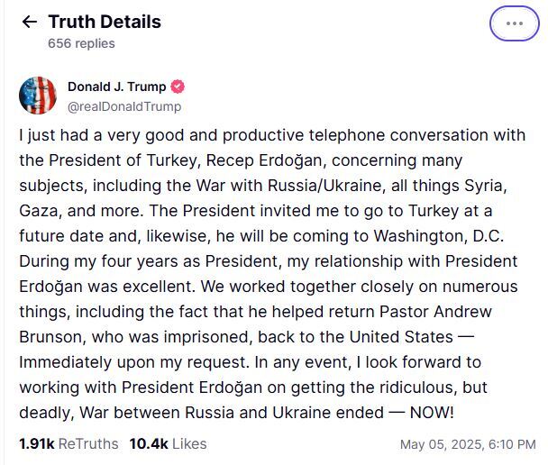 Η ανάρτηση στο Truth Social