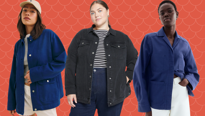 Reformation Callum coat, Universal Standard denim jacket and H&M utility coat.